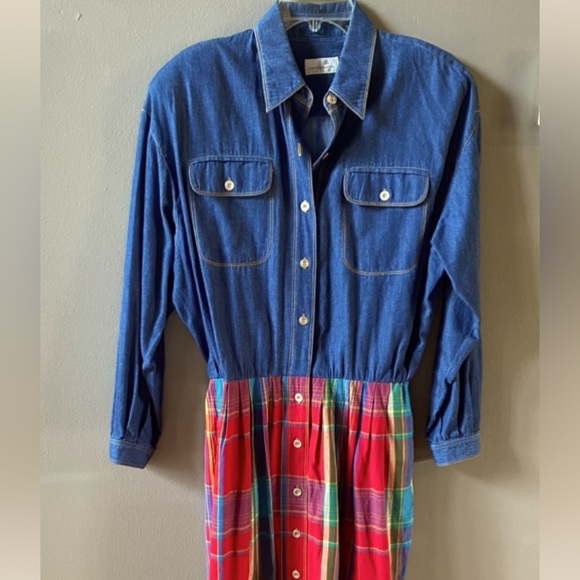 Vintage LIZ CLAIBORNE SPORTDRESS Lightweight Denim and Madras Plaid Wear - Picture 1 of 6